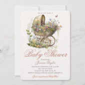 Invitation Poussette en osier classique Baby shower floral fi (Devant)