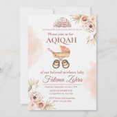 Invitation Poussette Fleur Rose Bébé Fille Musulmane Aqiqah (Devant)