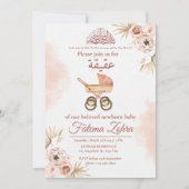Invitation Poussette Fleur Rose Bébé Fille Musulmane Aqiqah I (Devant)
