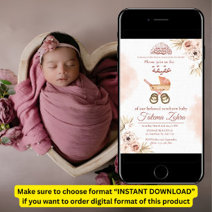 Invitation Poussette Fleur Rose Bébé Fille Musulmane Aqiqah I