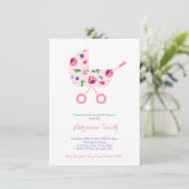 Invitation Poussette Rose Pour Baby shower Floral Fille (Debout devant)
