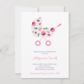 Invitation Poussette Rose Pour Baby shower Floral Fille (Devant)