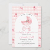 Invitation Poussette rose rousse En vichy Baby shower de fill (Devant)