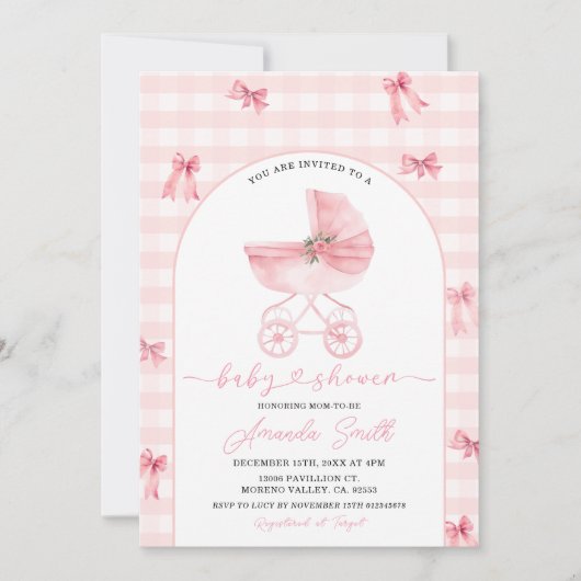 Invitation Poussette rose rousse En vichy Baby shower de fill (Devant)