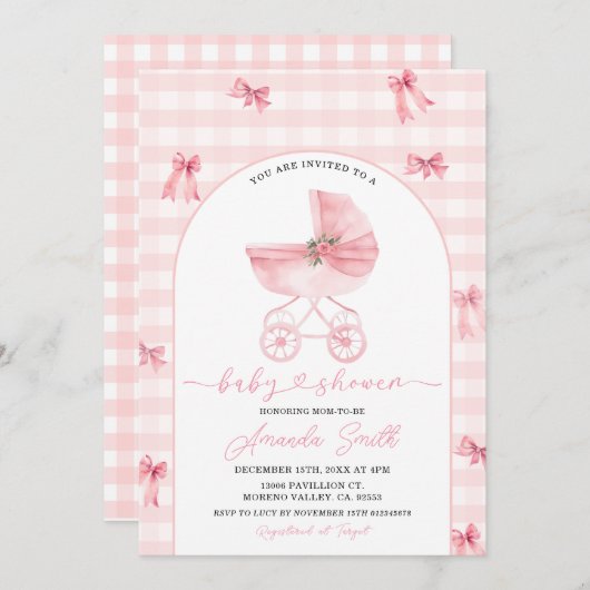 Invitation Poussette rose rousse En vichy Baby shower de fill (Devant / Derrière)