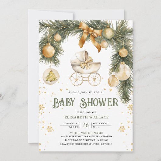 Invitation Poussette Rustique Boho Baby shower de Noël d'hive (Devant)
