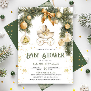 Invitation Poussette Rustique Boho Baby shower de Noël d'hive