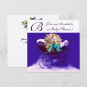 Invitation Poussette vintage avec fleurs baptême bébé monogra (Devant / Derrière)