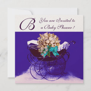 Invitation Poussette vintage avec fleurs baptême bébé monogra