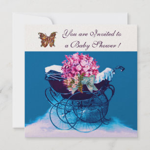 Invitation Poussette vintage avec fleurs, papillons Baby Show