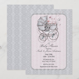 Invitation Poussette Vintage Blanc Dentelle Rose Baby Shower