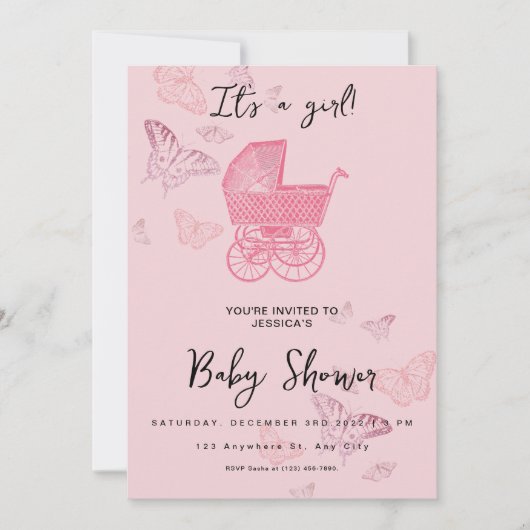 Invitation Poussette Vintage rose Poussette bébé fille douche (Devant)