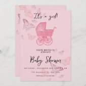 Invitation Poussette Vintage rose Poussette bébé fille douche (Devant / Derrière)