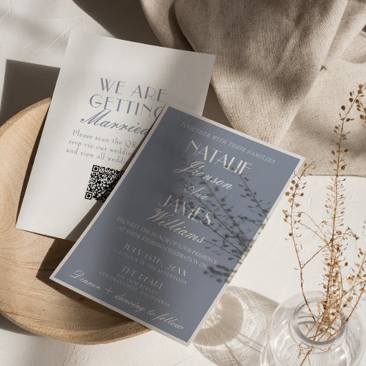 Invitation Poussière Bleue Élégante et Classique Code QR Mari
