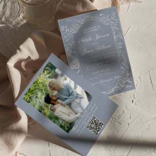 Invitation Poussière Bleue Fleurie Élégante Code QR Photo Mar
