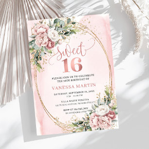 Invitation Poussière Chic Fleurs Roses Eucalyptus 16e Anniver