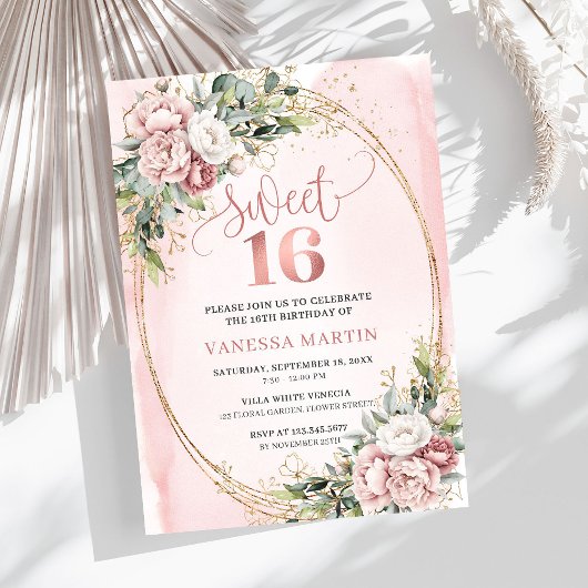 Invitation Poussière Chic Fleurs Roses Eucalyptus 16e Anniver
