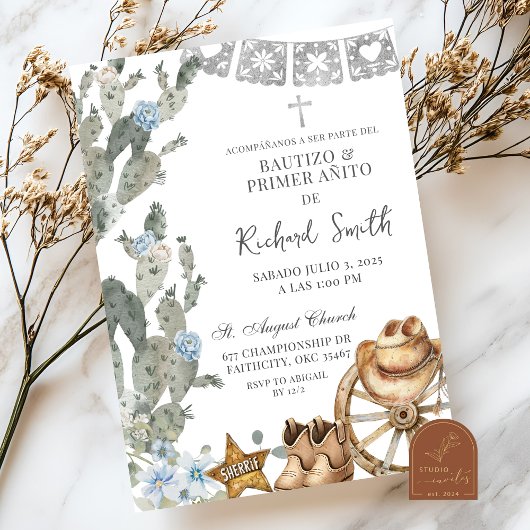 Invitation Poussière d'argent Cowboy Bleu Bautizo Espagnol