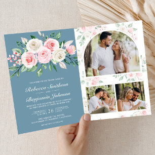 Invitation Poussière de mariage à code QR bleu floral rose ro