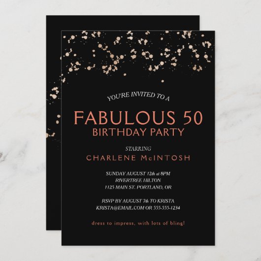 Invitation Poussière d'or sur noir avec corail Fabuleux 50 An (Devant / Derrière)