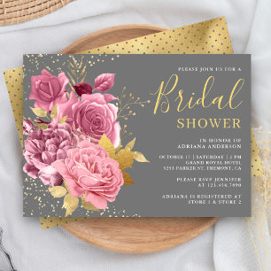 Invitation Poussière dorée grise rose mauve floral douche de
