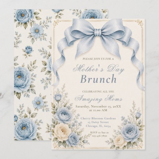 Invitation Poussière Florale Bleu Coquette Bow Brunch de la F (Devant / Derrière)