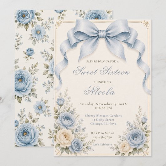 Invitation Poussière Florale Bleu Coquette Bow Sweet Seize (Devant / Derrière)