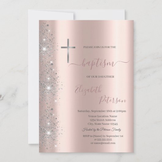 Invitation Poussière Rose Parties scintillant or croix d'arge (Devant)