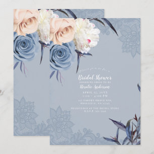 Invitation Poussiéreux Bleu Gris & Pêche Floral Lace Réceptio