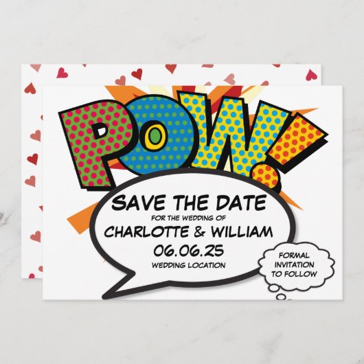 Invitation POW Enregistrer la date Fun Retro Comic Book Pop A (Devant / Derrière)