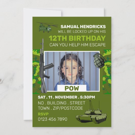Invitation POW, salle d'évasion à thème de guerre, fête d'ann (Devant)