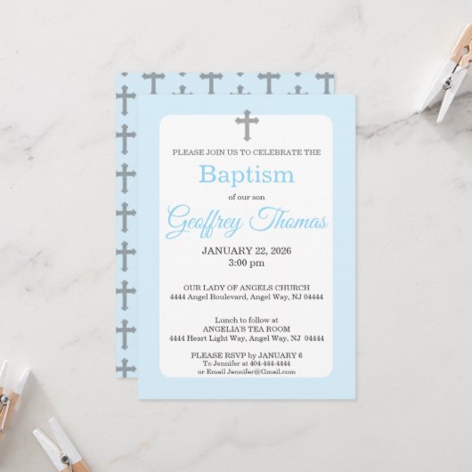 Invitation Powder Blue & Gray Cross Watercolor Baptism (Devant/Arrière en situation)