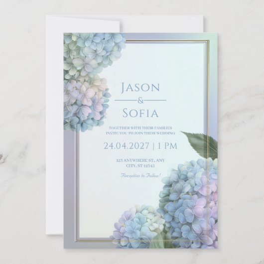 Invitation Powder Blue Lavender Hydrangea Gold Frame Wedding (Devant)