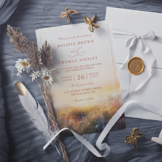 Invitation Prairie de Fleurs Sauvages Élégant Code QR Mariage