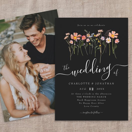 Invitation Prairie de Fleurs Sauvages Script Photo Noir & Bla
