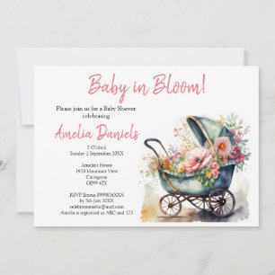 Invitation Pram Baby vintage dans Bloom Baby shower Invitatio