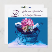 Invitation PRAM vintage AVEC BABY SHOWER FLEURS MONOGRAM (Devant / Derrière)