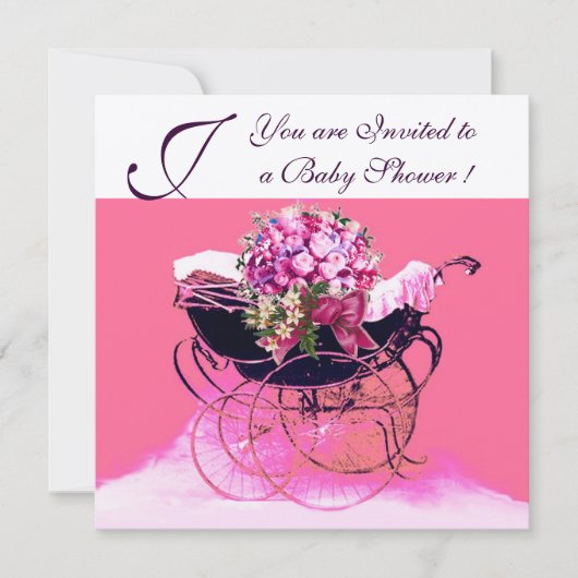 Invitation PRAM vintage AVEC BABY SHOWER FLEURS MONOGRAM (Devant)