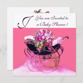Invitation PRAM vintage AVEC BABY SHOWER FLEURS MONOGRAM (Devant / Derrière)