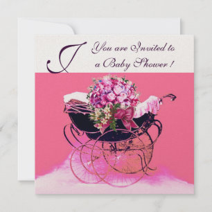 Invitation PRAM vintage AVEC BABY SHOWER FLEURS MONOGRAM