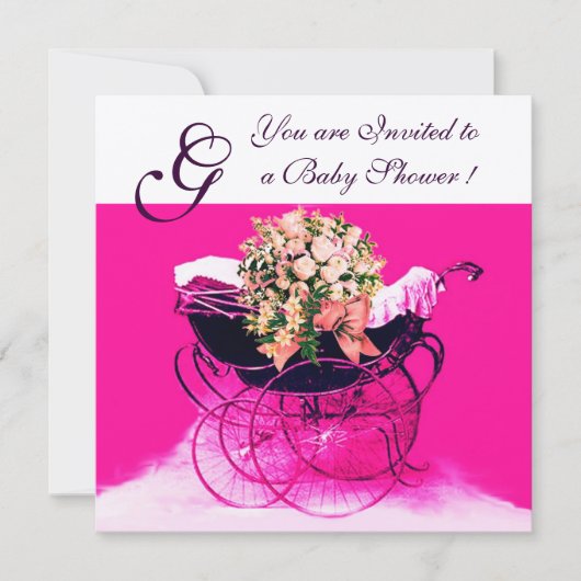 Invitation PRAM vintage AVEC BABY SHOWER FLEURS MONOGRAM (Devant)