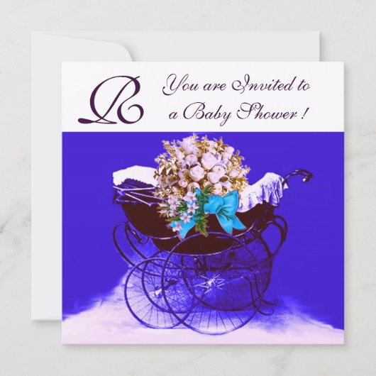 Invitation PRAM vintage AVEC BABY SHOWER FLEURS MONOGRAM (Devant)