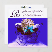 Invitation PRAM vintage AVEC BABY SHOWER FLEURS MONOGRAM (Devant / Derrière)
