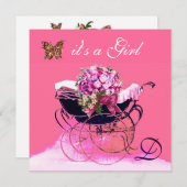 Invitation PRAM vintage AVEC FLEURS, BABY SHOWER BUTTERFLIERS (Devant / Derrière)