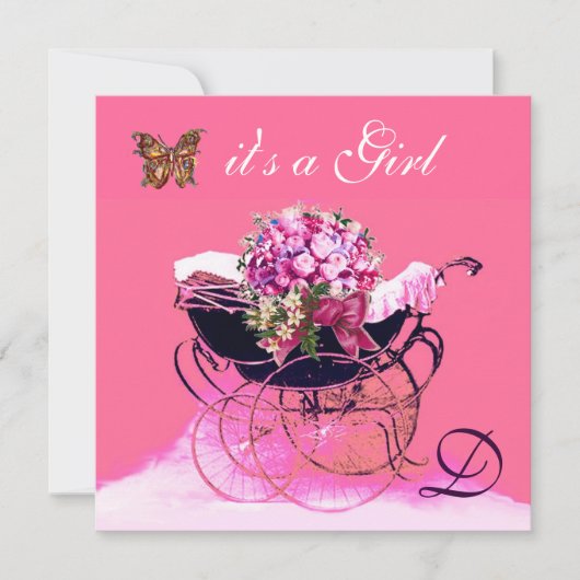 Invitation PRAM vintage AVEC FLEURS, BABY SHOWER BUTTERFLIERS (Devant)