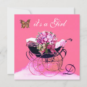 Invitation PRAM vintage AVEC FLEURS, BABY SHOWER BUTTERFLIERS