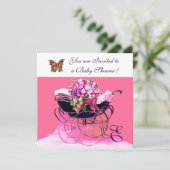 Invitation PRAM vintage AVEC FLEURS, BABY SHOWER BUTTERFLIERS (Debout devant)