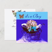 Invitation PRAM vintage AVEC FLEURS, BABY SHOWER BUTTERFLIERS (Devant / Derrière)