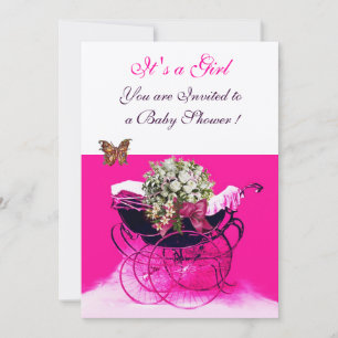Invitation PRAM vintage AVEC FLEURS, BABY SHOWER BUTTERFLIERS
