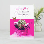 Invitation PRAM vintage AVEC FLEURS, BABY SHOWER BUTTERFLIERS (Debout devant)